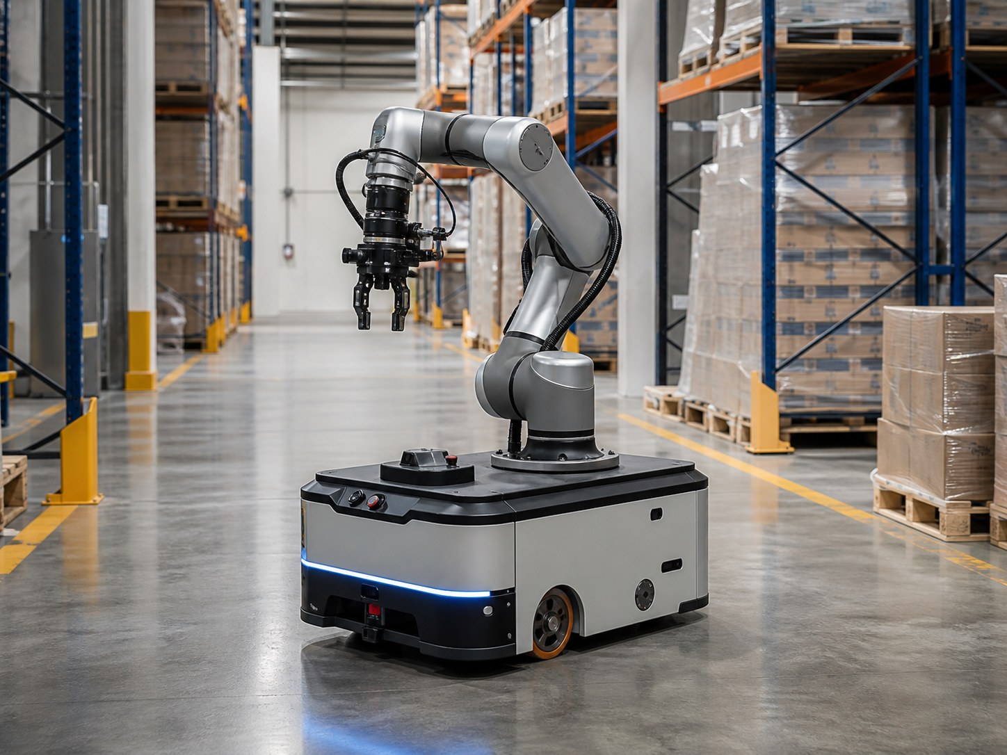Autonomous mobile manipulator with a robotic arm operating in a warehouse