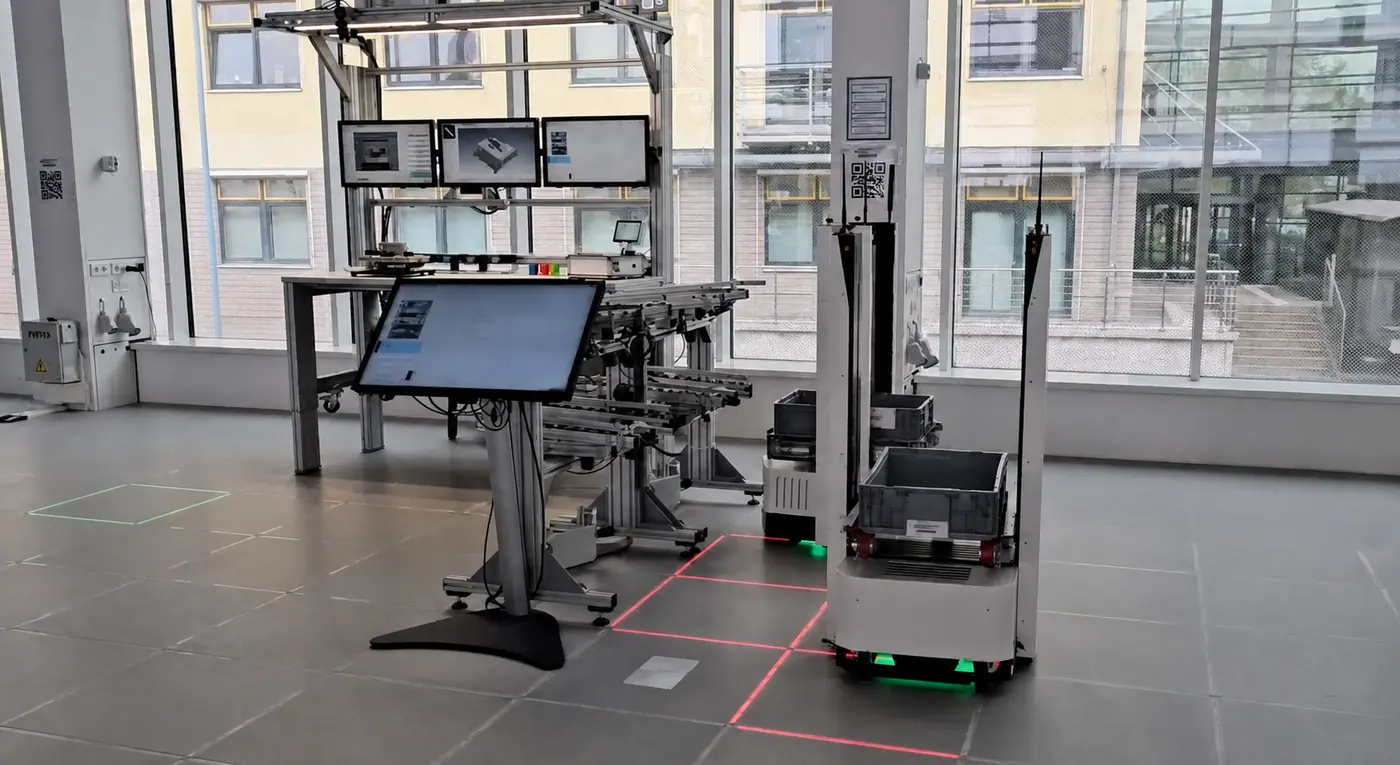 Autonomous mobile robots operating around a factory lab workstation
