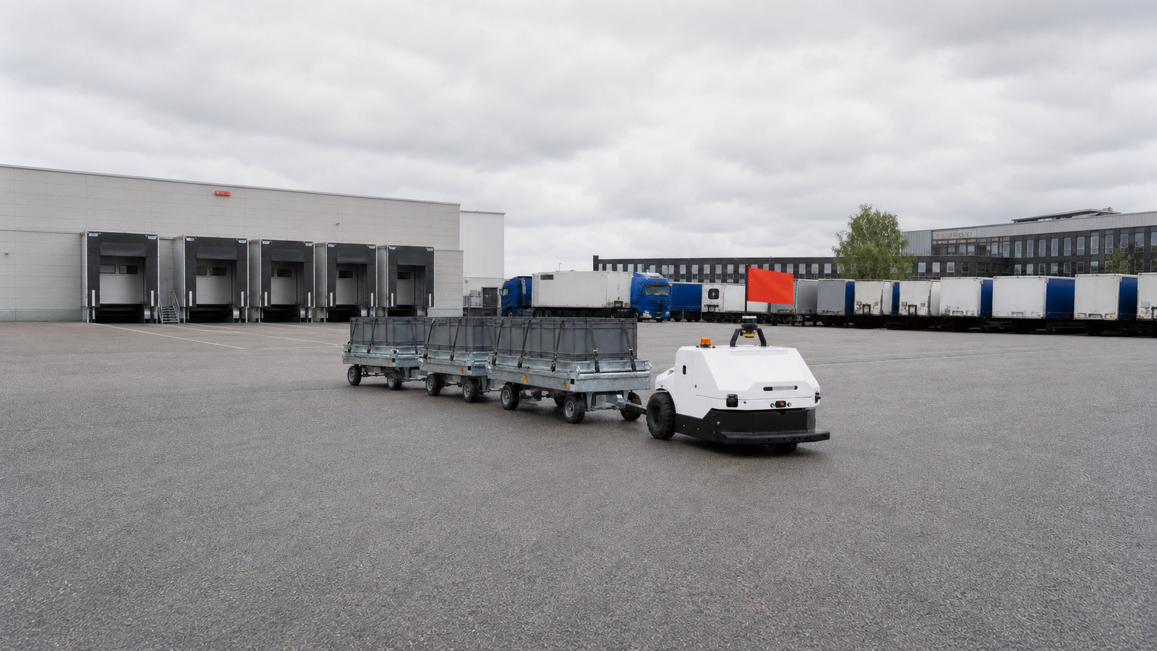 Autonomous tugger train moving through an industrial yard